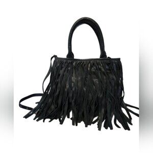 Thais Sophia Black Leather Fringe Purse Boho Western Shoulder Bag Crossbody